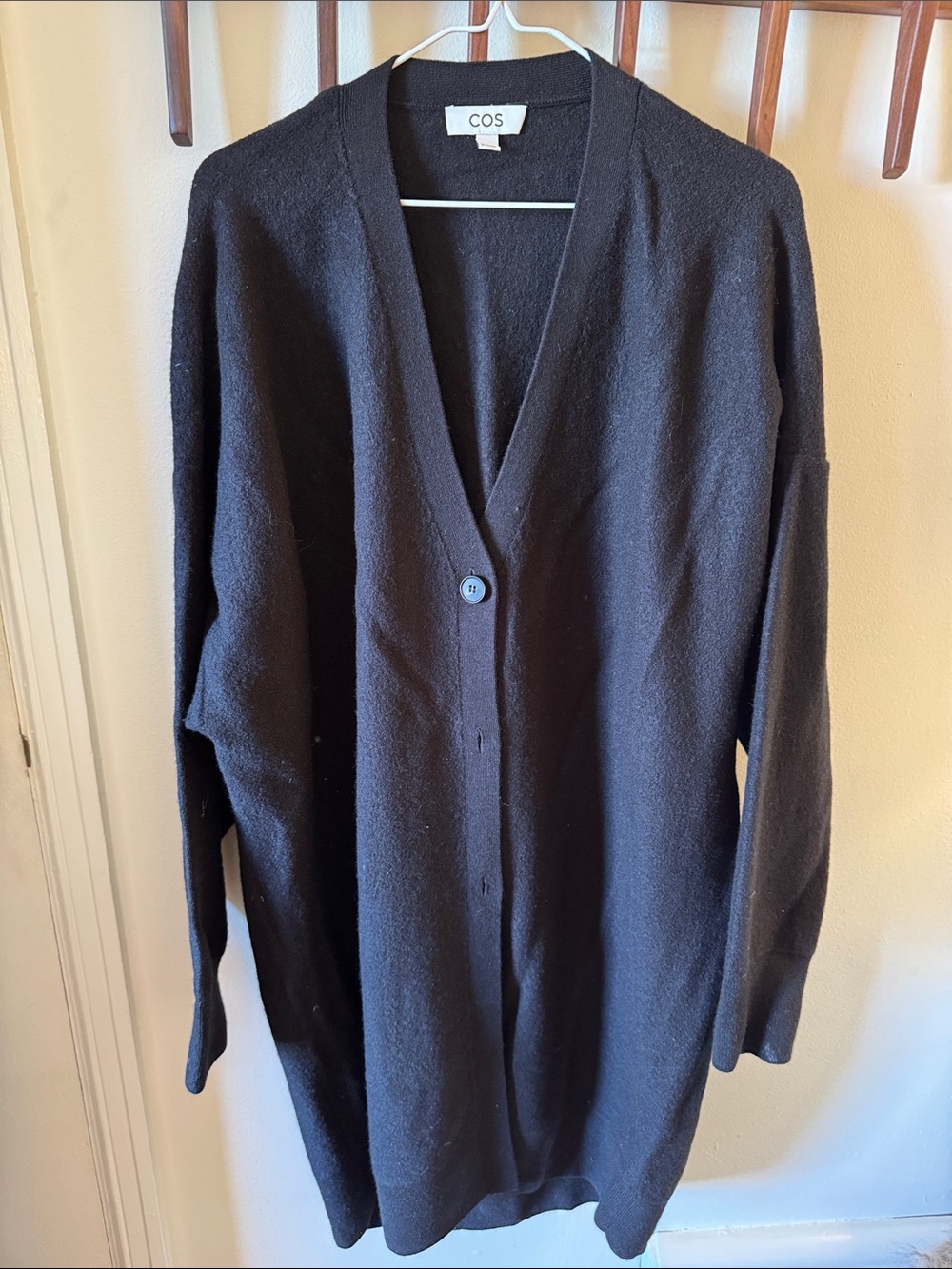 COS Black V-Neck Longline Button-Front Cardigan 100% Wool